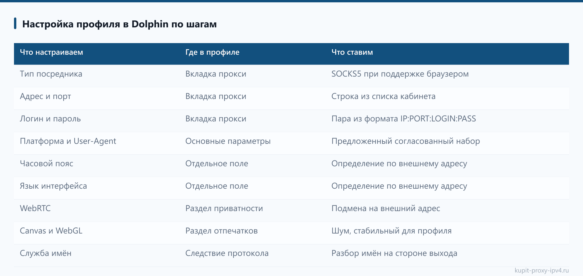 Настройка профиля в Dolphin по шагам: таблица из статьи «Прокси для соцсетей и отложенного постинга: профили антидетект-браузера и адреса»